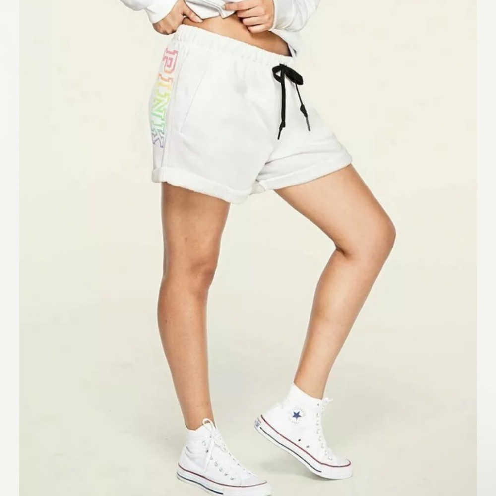 VS PINK-Heritage Lounge Boyfriend Shorts- White w/ Pastel Ombré Logo, sz:XXL NWT